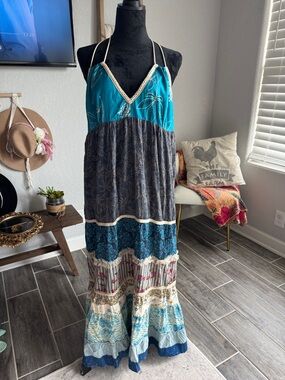 Jaded Gypsy Bohemian Teal and Navy Tiered Maxi Dress